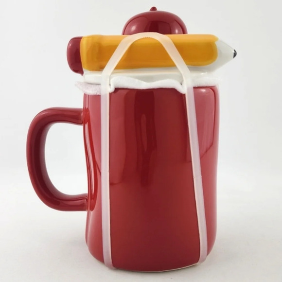 ⭐️2/ $60⭐️ Rae Dunn Artisan Coffee Mug & Topper Red Large Letters I ❤️ TEACHING - Picture 4 of 11